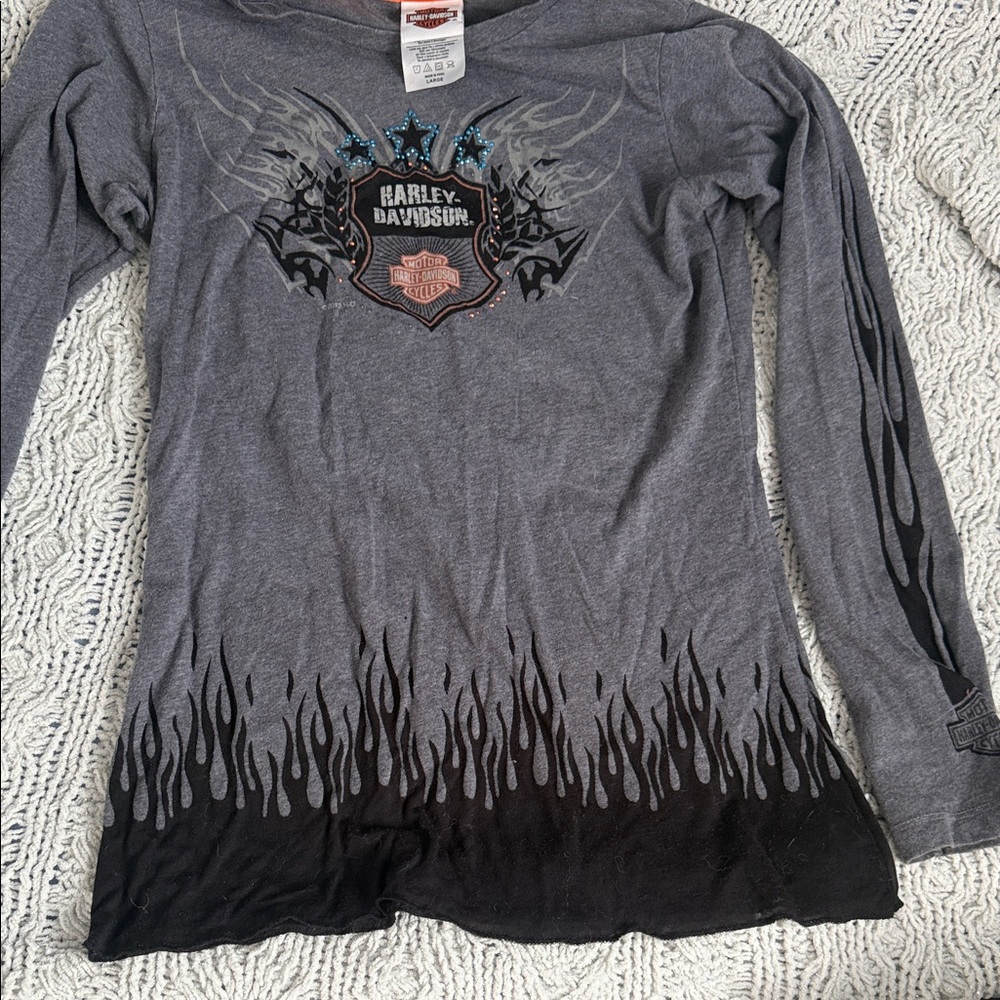 Harley-Davidson Gray and Black Flame Long Sleeve Motorcycle Tee